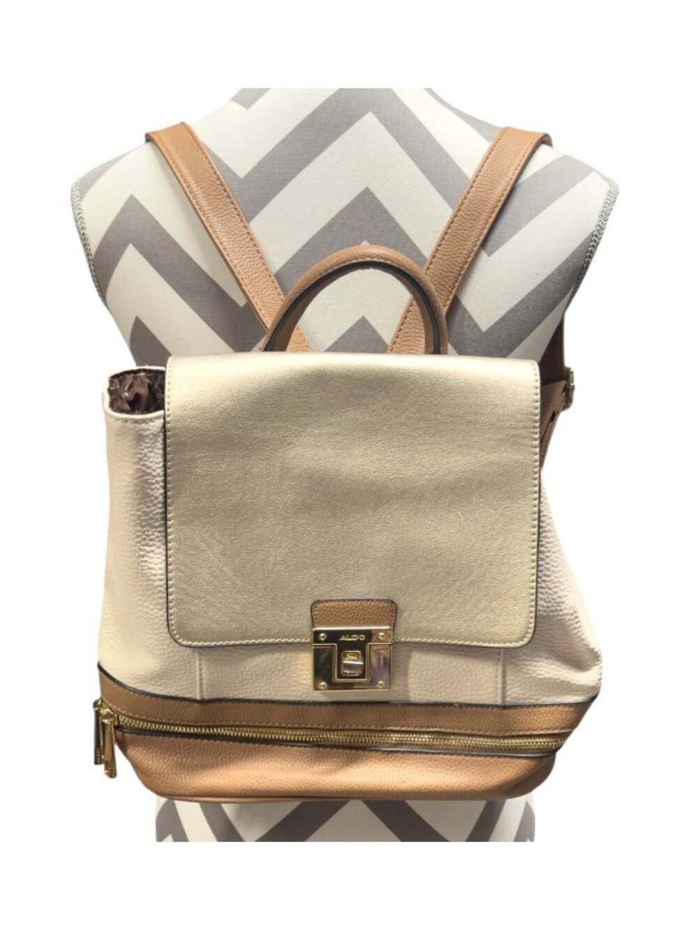 ALDO Backpack Purse - Beige Faux Leather - Multi Pocket Design